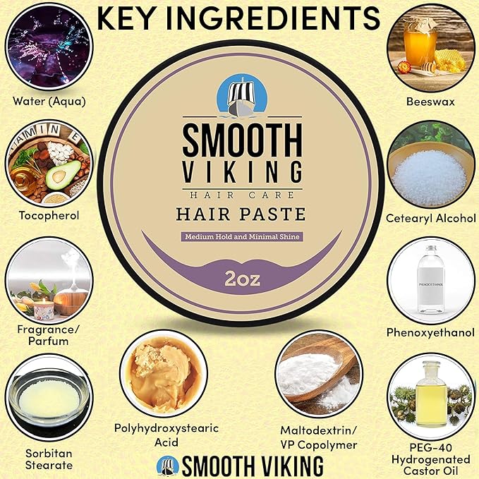Smooth Viking Hair Paste for Men - Hair Styling Cream with Minimal Shine & Medium Hold Hair Products for Men, Hair Cream for Men, Styling Paste for Textured Messy Hairstyle - Made in USA, 2oz