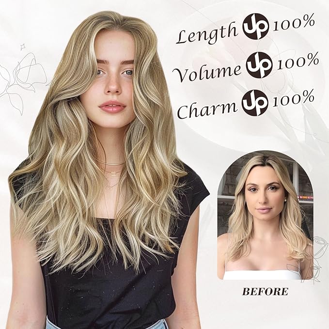 BARSDAR Golden Blonde Clip in Hair Extensions - Golden Blonde Highlight Wavy Clip in Hair Extensions for Women - 16 Inch 6 PCS Voluminous Thick Soft Synthetic Beach Wavy Hairpieces Daily Party