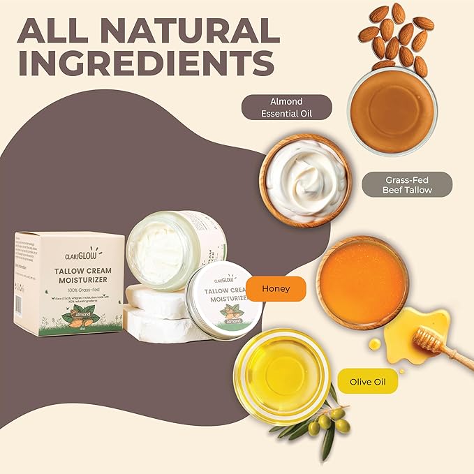 Clariglow Whipped Beef Tallow Face Moisturizer | 100% Grass Fed Beef Tallow Skin Face Balm Cream | Lotion Balm Body Moisturizer with Honey & Almond | 4 oz | Natural Skin Care