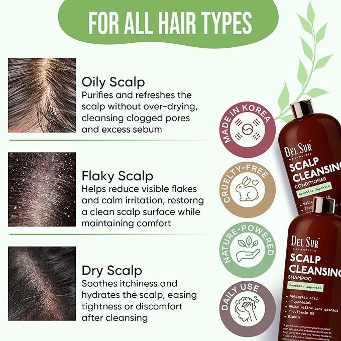 DEL SUR Scalp Cleansing Shampoo and Conditioner Set | 16 fl oz Each | with Camellia Japonica, Salicylic Acid & Willow Bark | Clarifying Oil Control for Build Up & Oily Scalp