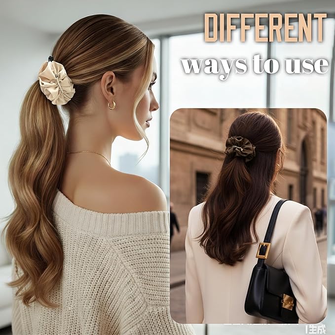 2 Pack Large Satin Banana Hair Clips for Thick/Long Hair, 5.5 Inch Jumbo Ruffled Ponytail Holder with Pearls, Non-Slip Vertical Clamp, Elegant French Vintage Accessories (Brown & Beige)