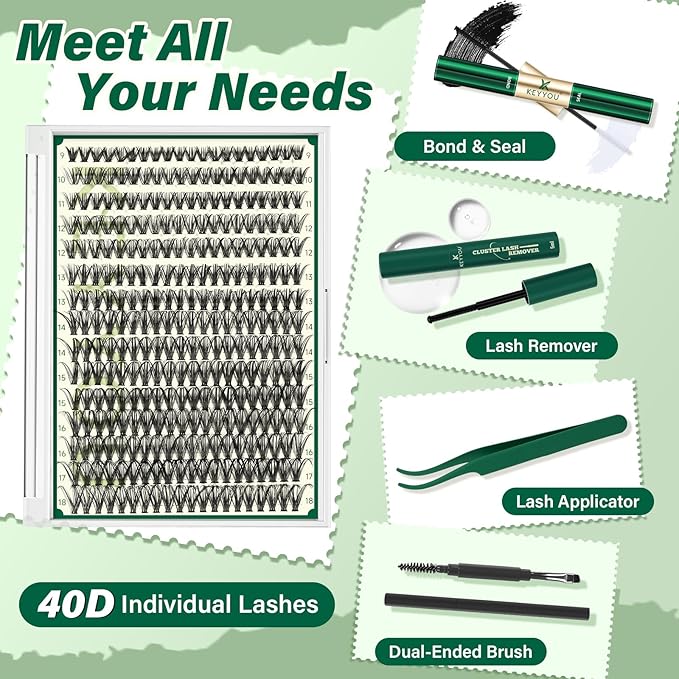 KEYYOU Lash Extension Kit DIY 300Pcs Lash Clusters Kit 40D 0.07 D Curl 9-18MIX Eyelash Extension Kit Individual Lashes Kit with Lash Bond and Seal, Lash Tweezers and Remover for Self Use
