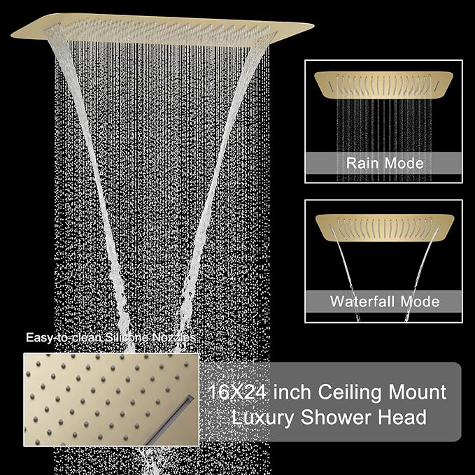 KATAIS Brushed Gold 16X24 inch Ceiling Mounted Rain Shower Head System(Rain&Waterfall Modes), Digital Display Shower Set with 6 PCS Body Jet and Handheld Spray