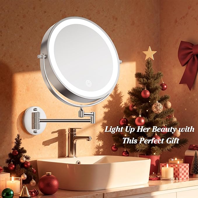 9'' 30X/1X Wall Mounted Lighted Makeup Mirror, 5000mAh Rechargeable Double-Sided Magnifying Mirror with Light, Vanity Mirror Touch Dimmable 3 Colors 360° Rotation Extended Foldable Arm, Power Adapter