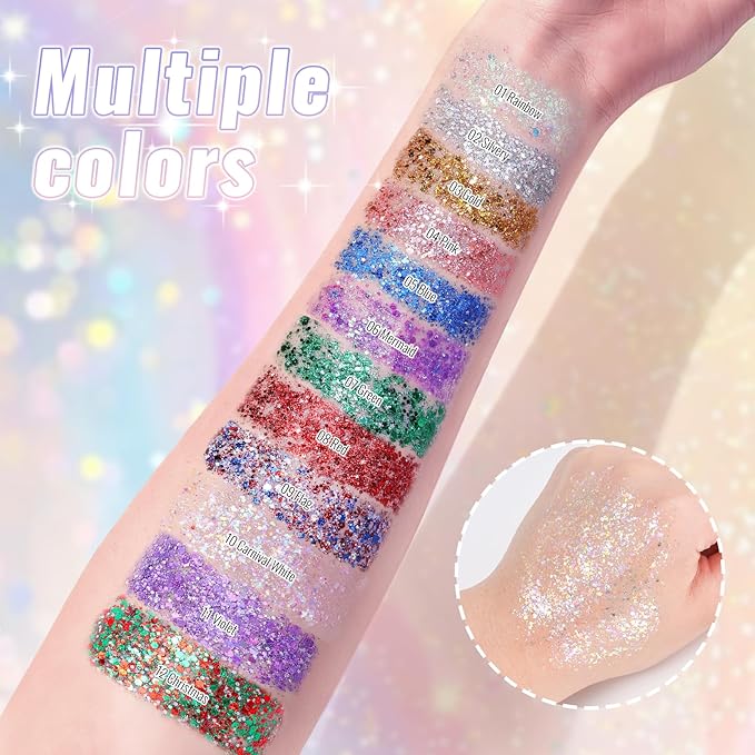 Carnival White Face Body Hair Glitter Stick, Shimmer Stick Gel for Women, Sparkling Holographic Chunky Sequins for Mardi Gras Halloween Party Rave Festival Concert Outfit, 0.56oz
