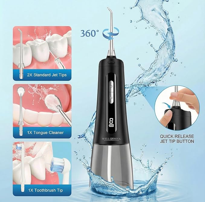 Wellooriya Cordless Water Flosser for Teeth – 300mL Large Tank, 9 Pressure Levels, LED Display, USB-C Rechargeable, IPX7 Waterproof Dental Oral Irrigator for Home & Travel (Black)