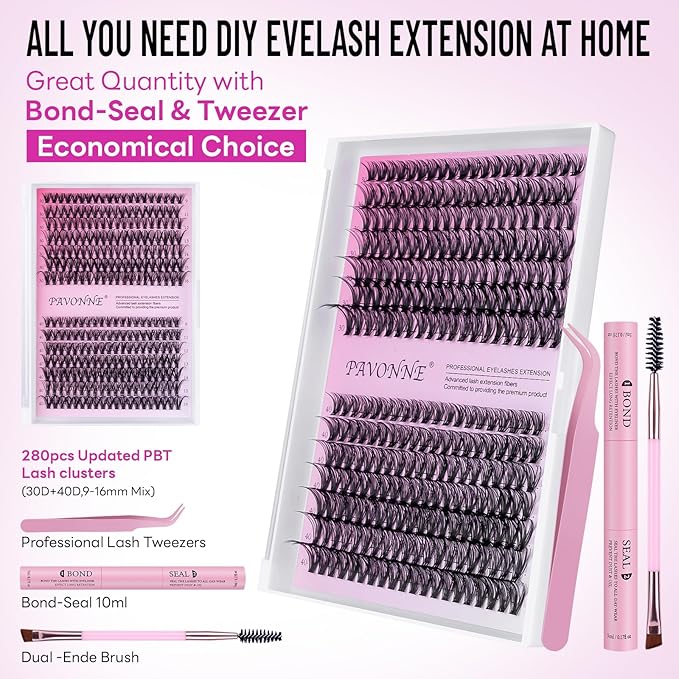 DIY Eyelash Extensions Kit - 280 Pcs Individual 30D & 40D Lashes (9-16mm) with Glue, Bond & Seal, Tweezers - Professional, Natural Look, Easy to Apply at Home