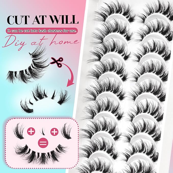 Losha Lashes Wispy Cat Eye Lashes 10 Pairs Natural False Eyelashes with Clear Band 7-16mm Soft Faux Mink Lashes C Curl Lash Strips with Spiky Design (FT01)