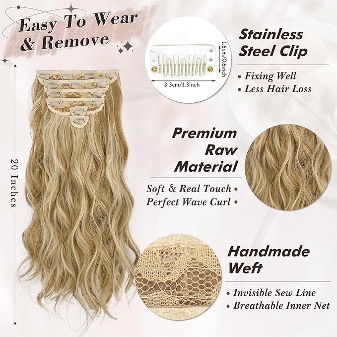 BARSDAR Golden Blonde Clip in Hair Extensions - 6PCs Beach Wavy Blonde Highlight Clip in Hair Extensions for Women - 20 Inch Thick Soft Synthetic Clips on Hairpieces Daily Party Halloween