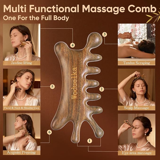 6-in-1 Gua Sha Tool for Face & Body – Valentines Day Gift, Green Sandalwood Massage Comb, Lymphatic Drainage, Wooden Scalp Massager, Jaw Lifting & Nose Sculpting, Head Massage Comb