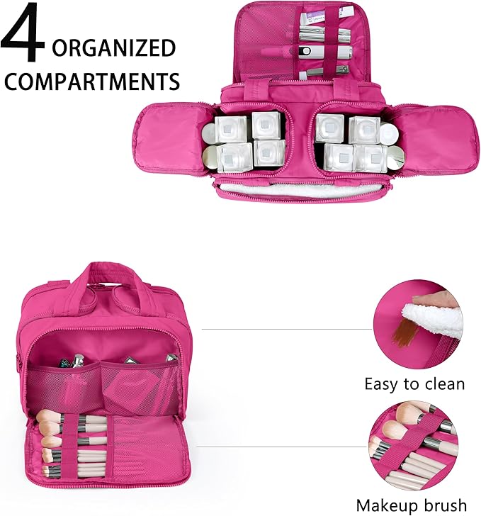 BUZFOWU Travel Toiletry Bag for Women, Large Wide-open Puffy Cosmetic Makeup Bag with Wet-Dry Separation, Multi-Pocket Organizer with Carry Handle for Toiletries, Cosmetics, Essentials, Rose Red