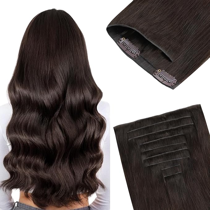 GOO GOO Invisi Edge Clip in Hair Extensions 14inch 150g 9Pcs Injected Seamless PU Clip in Hair Extensions, Virgin Real Human Hair, #2 Dark Brown