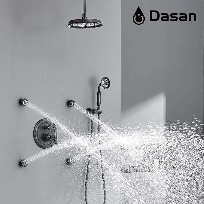 DASAN Antique Shower Faucet Sets Complete Rain Shower System in Wall with Body Shower Spray Jets, Oil Rubbed Bronze Shower Fixtures with Rainfall Overhead Shower, Handheld, Valve &Trim, AT249C-ORB