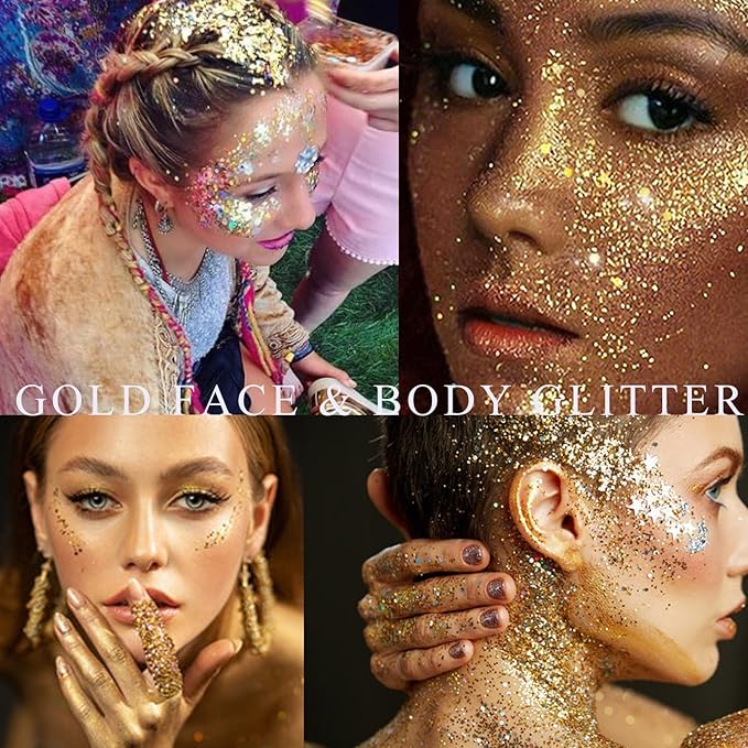 Gold Face Glitter Gel,Mardi Gras Outfit for Women,Music Festival Yellow Body Glitter Singer Concerts Hair Glitter Sequins,Mardi Gras Accessories Sparkling Carnival Rave Decorations,50ML