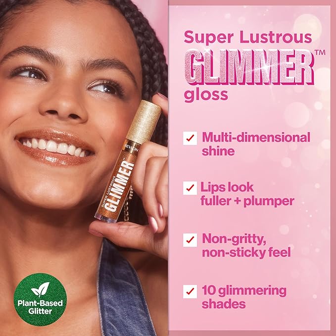 REVLON Super Lustrous Glimmer Gloss, Hydrating Lip Makeup, Non-Sticky, High-Shine Finish, Plant-Based Glitter, 010 Indigo Ice, 0.13 fl oz