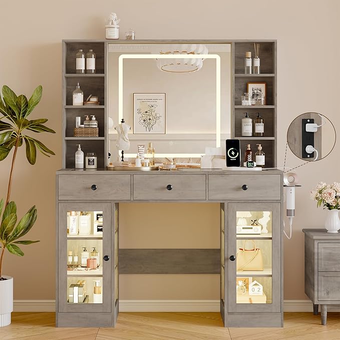 Makeup Vanity Desk with Mirror and Lights, 43" Grey Vanity with Glass Top, Jewelry Storage, 3 Drawers & Glass Cabinets, Power Outlet & Adjustable LED Lights, Dressing Table for Women & Girls Bedroom
