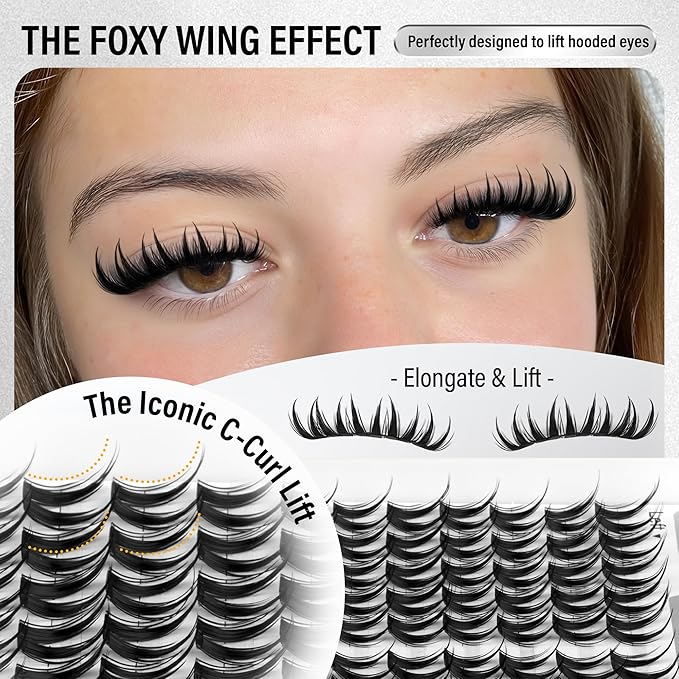 Cat Eye Lash Clusters Kit Fairy Eyelash Clusters Spiky Lash Extension Kit Left & Right Wispy Cluster Eyelash Extensions DIY Fox Eye Individual Lashes with Clear Bond and Seal Tweezers