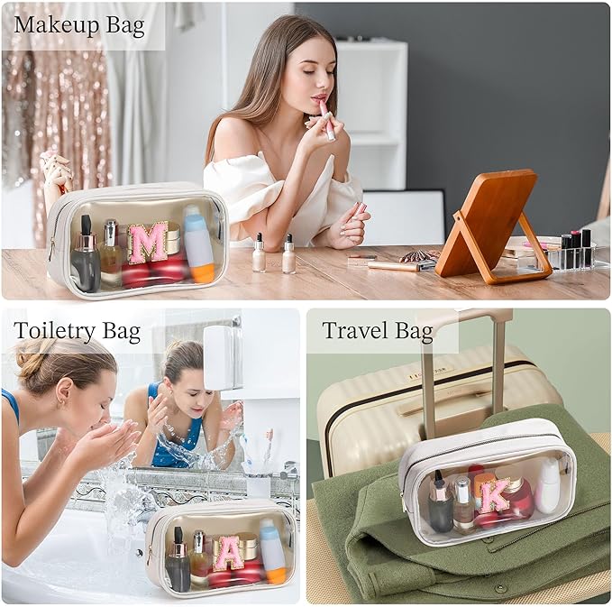 YOOLIFE Initial Make Up Bag Travel Toiletry Bag, Clear Makeup Bag Preppy Cosmetic Bags Organizer Travel Essentials Gifts for Women Teen Girlfriend Teacher Mom Brithday Mothers Day Gifts, Large, White
