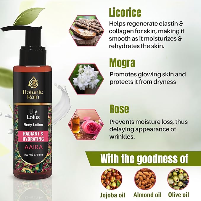 Botanic Rain Organic Body Lotion with Lily & Lotus – Deeply Nourishing, Anti-Aging Ayurveda Moisturizer for Dry, Crepey Skin – Natural, Vegan & Ayurvedic – 6.76 fl oz (Pack of 1)