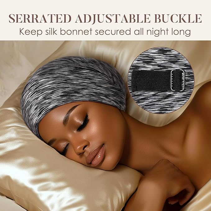 LULUSILK Mulberry Silk Lined Sleep Cap, No More Frizzy Tangled Hair, Stay On Silk Hair Wrap for Sleeping, Adjustable Strap, Unisex Adult, One Size, Assorted Color Dark Grey