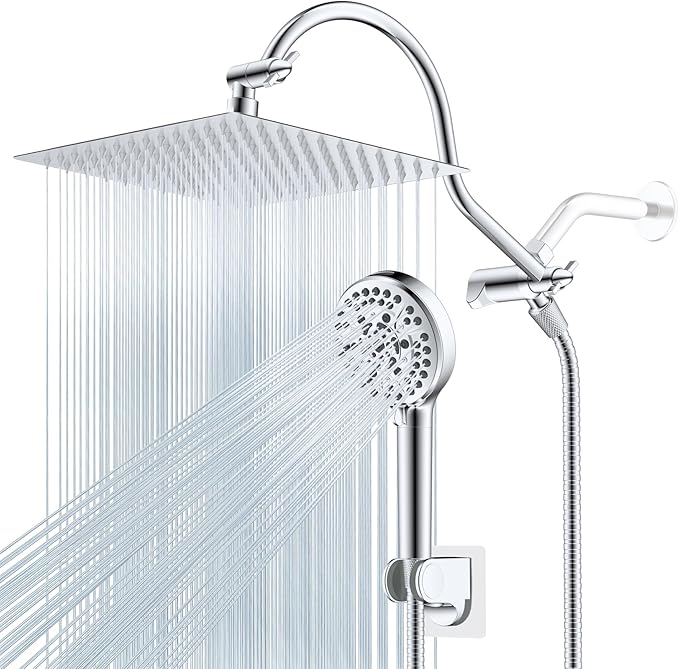 Hibbent 12'' All Metal CUPC Certified Shower Head, High Pressure Rainfall Shower Head, Handheld Showerhead Combo, 12'' Adjustable Shower Extension Arm, 10-Spray, 71'' Hose, Showerhead Holder, Chrome