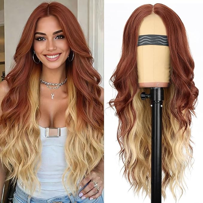 AISI HAIR Copper Blonde Wig for Women, Long Wavy Lace Hairline Middle Part Synthetic Wig for Daily Party-26 Inch