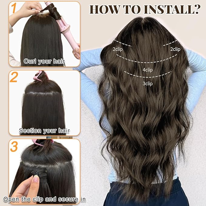 ALXNAN Clip in Long Wavy Synthetic Hair Extension 24 Inch Ash Brown 4PCS Thick Hairpieces Fiber Double Weft Hair for Women