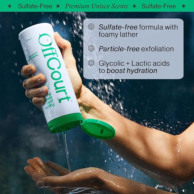 OffCourt Sulfate-Free Body Wash for Men & Women - Non-Drying Exfoliator with Glycolic & Lactic Acids Leaves Skin Fresh & Smooth with Fresh Citrus and Driftwood Scent, 3.4 Fl. Oz (Pack of 1)