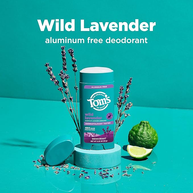 Tom’s of Maine Wild Lavender Natural Deodorant for Men and Women, Aluminum Free, No Artificial Fragrances, Dyes, or Preservatives, Baking Soda Free, 48-Hour Odor Protection, 3.25 oz (2 Pack)