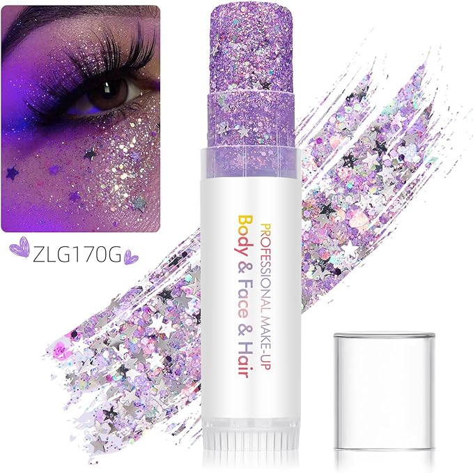 Valentine's Day Body Glitter Stick for Face, Body & Hair - Purple & Gold Chunky Sparkle Glitter, Heart & Star Design Face Gem 2 Pack | Long Lasting Party Makeup for Festival, Rave, Concert & Cosplay