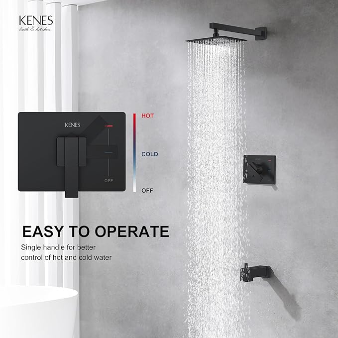 KENES Matte Black Tub Shower Faucet Set Complete with 10-Inch Rainfall Shower Head and Tub Spout, Square Tub and Shower Trim Kit, KE-6024A-2 (Shower Valve Included)