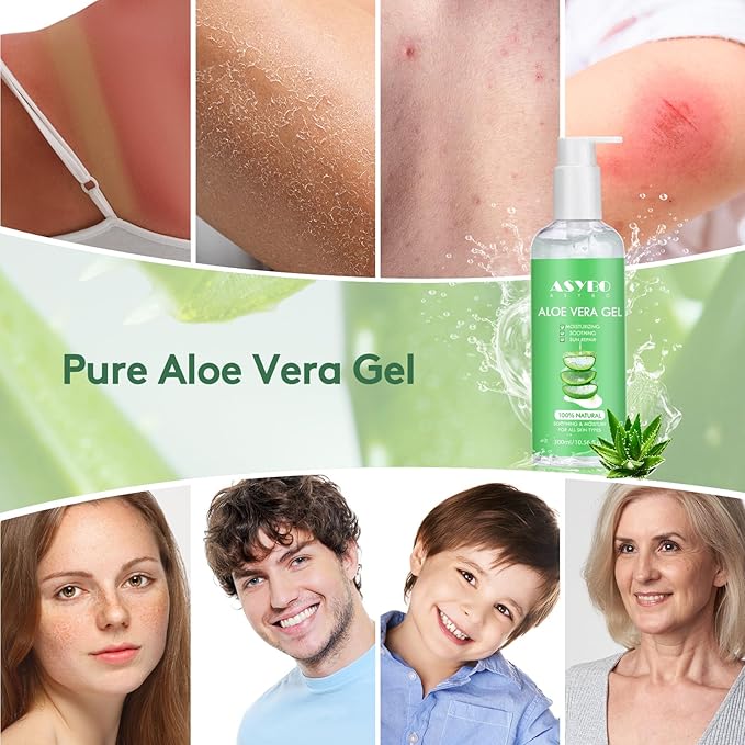 ASYBO 300 ml Aloe Vera Gel, 100% Natural Pure Aloe Vera Hydrating Facial Cream, Soothing & Moisturizing, After Sun Care, Reduce Acne, Repair Scars, Suitable for All Skin Types