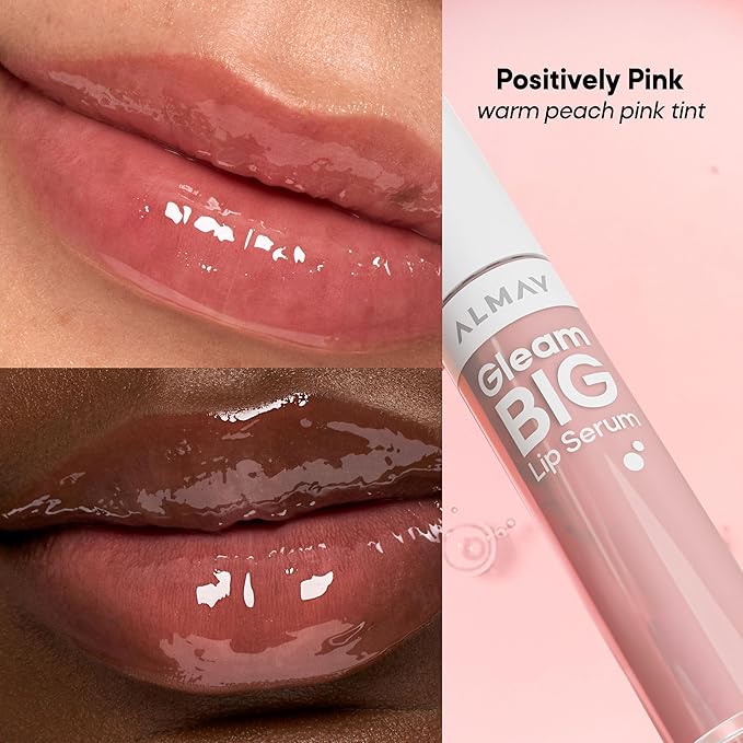 Almay Gleam Big Lip Serum, Hydrating and Moisturizing, Hypoallergenic Lip Gloss, Non-Sticky, 100 Positively Pink, 0.13 fl oz