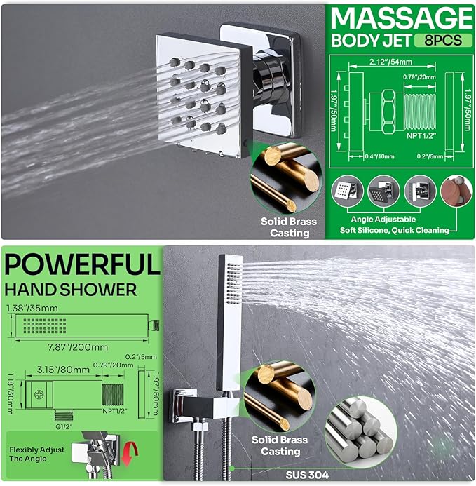 HOMEDEC Dual Shower Faucet Set for Couples, 15x28" 4-Function & 6" Side Shower Heads, 5-Way Diverter Valves, Shower System with Body Jets, Chrome