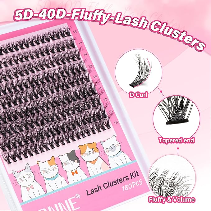 URNNR Fluffy Lash Clusters 5D 40D Volume Eyelash Clusters 10-18mm Wispy Individual Lashes D Curl Cluster Eyelash Extensions 180pcs DIY Lash Extension for Beginners (LF09)