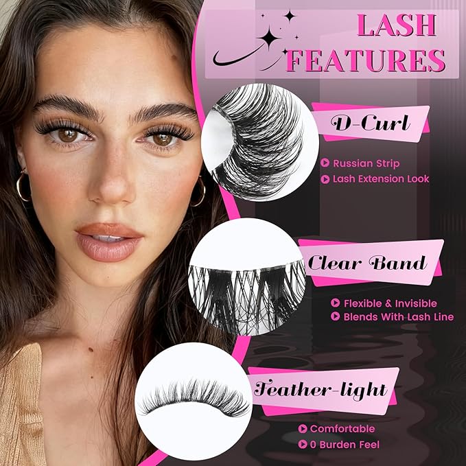 Veleasha Russian Strip Lashes with Clear Band Looks Like Eyelash Extensions D Curl Lash Strips 10 Pairs Pack (DT11)