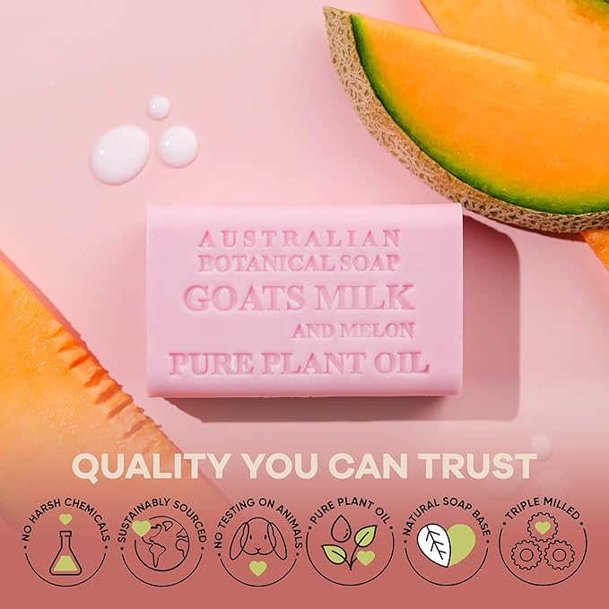 Australian Botanical Soap, Goat Milk Soap and Melon, 6.6 oz. Bars, Triple Milled Body Cleanser, Made in Australia with African Shea Butter and Native Goat Milk, All Skin Types, Pack of 8