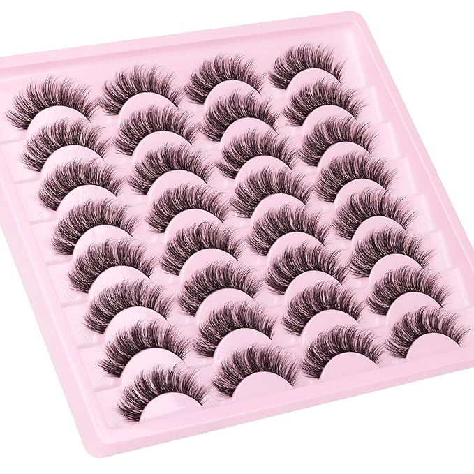 Natural Lashes Wispy Eyelashes Fuzzy Strip Eye Lashes Mink False Eyelashes Volume Fake Eyelashes 16 Pairs Eye Lashes Pack with Clear Lash Band