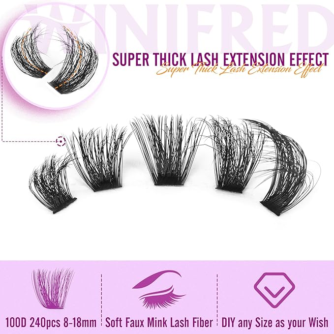 Winifred Lashes Extension Kit Thick Lash Clusters Kit 100D Volume Wispy Lash Clusters Mink Individual Lashes Kit DIY Lash Bond and Seal Lash Remover Lash Tweezers