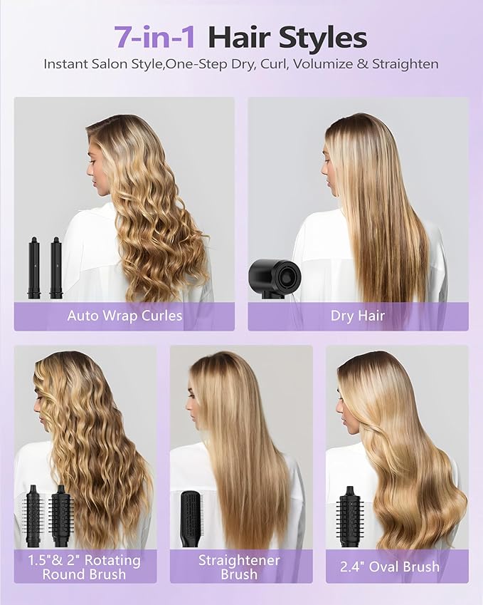 TASNEEM Hair Dryer Brush, 7 in 1 Pro Hot Air Styler for Hair Styler, Rotating Hair Dryer Brush, Auto-Wrap Curlers,Paddle Brush for Fast Blow Dry & Curling Volumizing Straightening with Travel Case