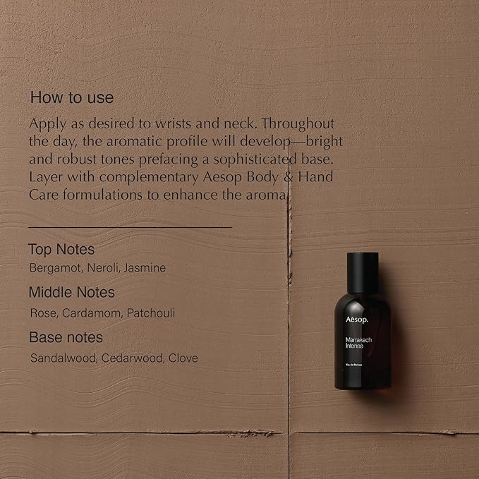 Aesop Marrakech Intense Eau de Parfum | Woody, Spicy, Floral Fragrance | Sandalwood, Clove, Cardamom | Unisex | 1.6 oz