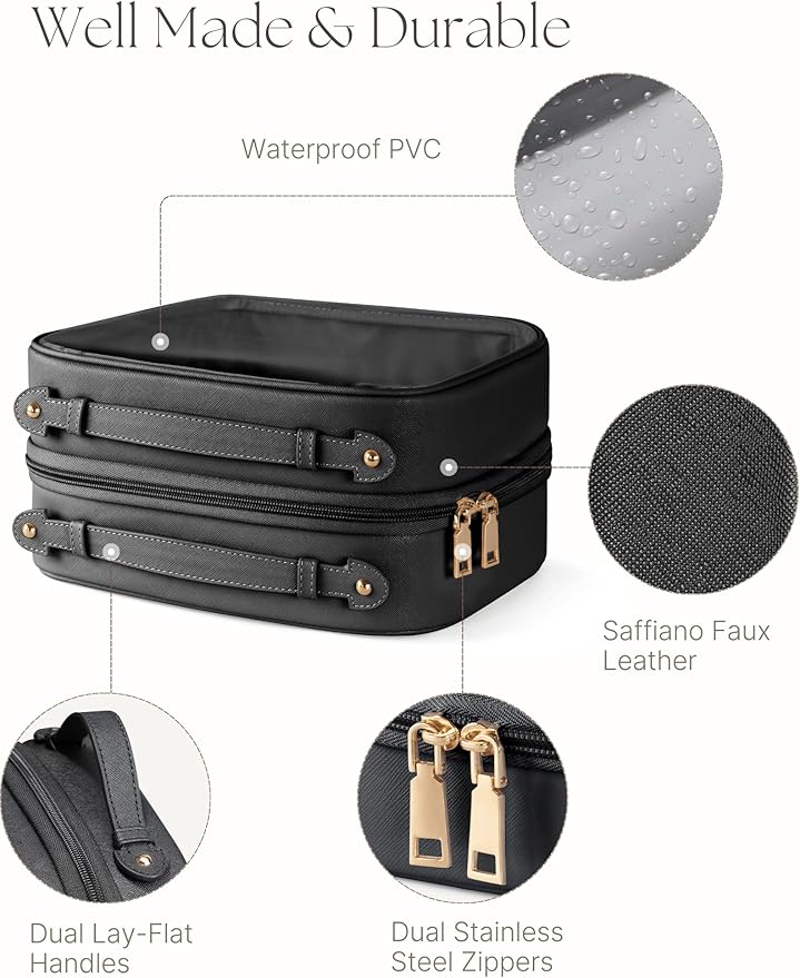Oaque Clear Cosmetic Bag Double Layer Travel Toiletry Bag Clear Makeup Bag Case with 4 Compartments, Transparent Travel Bag for Toiletries, Large Toiletry Bag for Women Cosmetic Case (Black, Large)