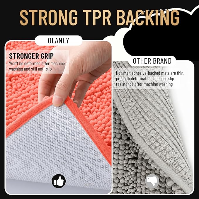 OLANLY Thick Bathroom Rugs 30x20, Extra Soft Absorbent Chenille Striped Bath Rugs, Rubber Backing, Machine Wash Dry, Bath Mats for Bathroom Floor, Tub and Shower, Home Decor Accessories, Coral