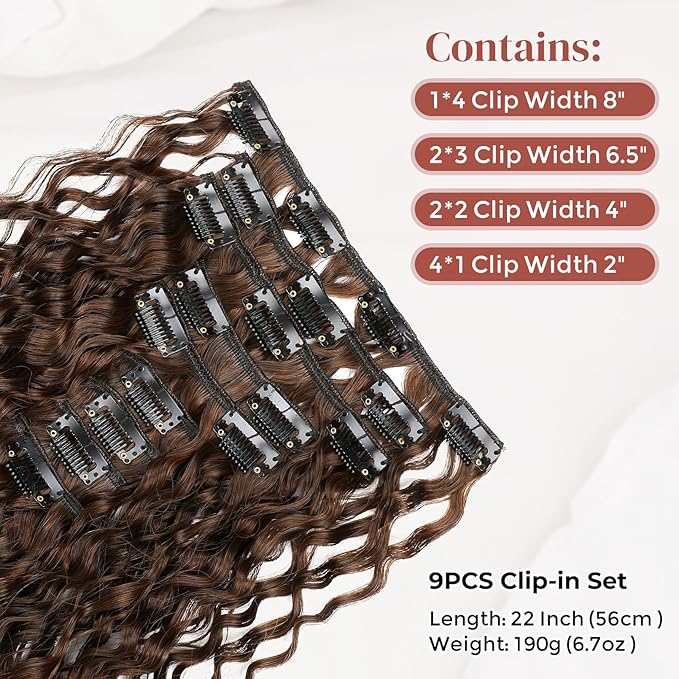 LONAI Hair Extension,9PCS Brown 22" Curly Clip in Hair Extensions LN002 Long Soft Thick Synthetic Hairpieces for Women-Almond brown