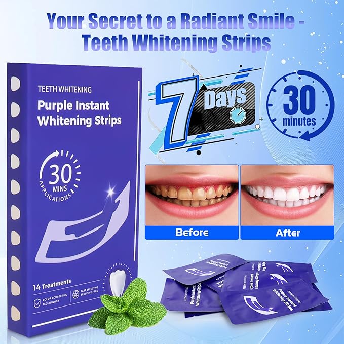 Natural Teeth whitening Strips Sensitive White Strips for Teeth whitening-7 Days for Smile Effective & Gentle Dental Whitener Peroxide-Free,Deep Stains Removal （14 Pices Mint ）