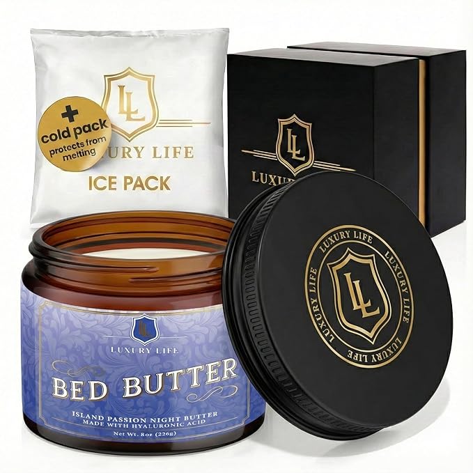 LUXURY LIFE Bed Butter - Irresistibly Fragranced Mood-Enticing Butter Infused with Hyaluronic Acid. Extra Rich Calming Nighttime Moisturizer for Sensual Stimulating Experience (Island Passion, 8 oz)