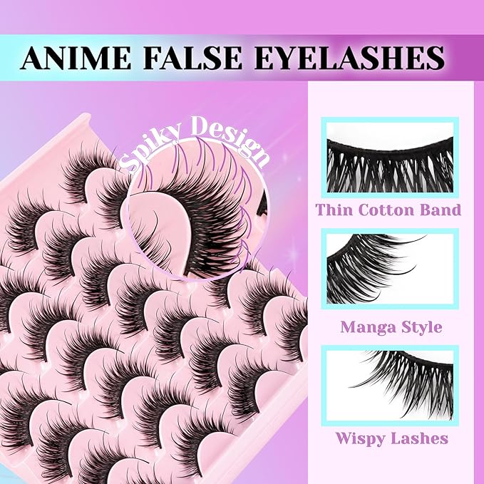 Losha Lashes Wispy Volume Manga Lashes Spiky False Eyelashes 14 Pairs Natural Anime Eye Lashes Kit with Lash Glue and Lash Tweezers Asian Fake Eyelashes (Vivid)