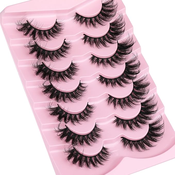 JIMIRE Faux Mink Lashes Fluffy Cat Eye Natural Look False Eyelashes Volume Wispy Fox Eye Crossed 17MM Thick Fake Lashes Look Like Eyelash Extensions Pestañas 7 Pairs Pack