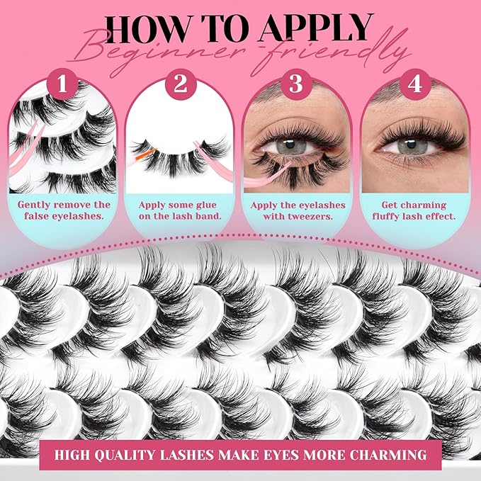 Losha Lashes Natural Cat Eye Lashes 10 Pairs Wispy False Eyelashes with Clear Band 7-14mm Faux Mink Lashes C Curl Lash Strips with Multi-layered Design (FT02)