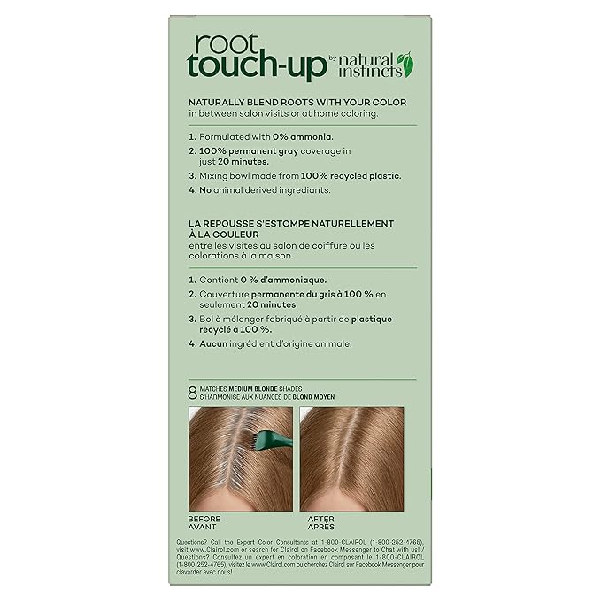 Clairol Root Touch-Up by Natural Instincts Permanent Hair Dye, 8 Medium Blonde Hair Color, Pack of 2